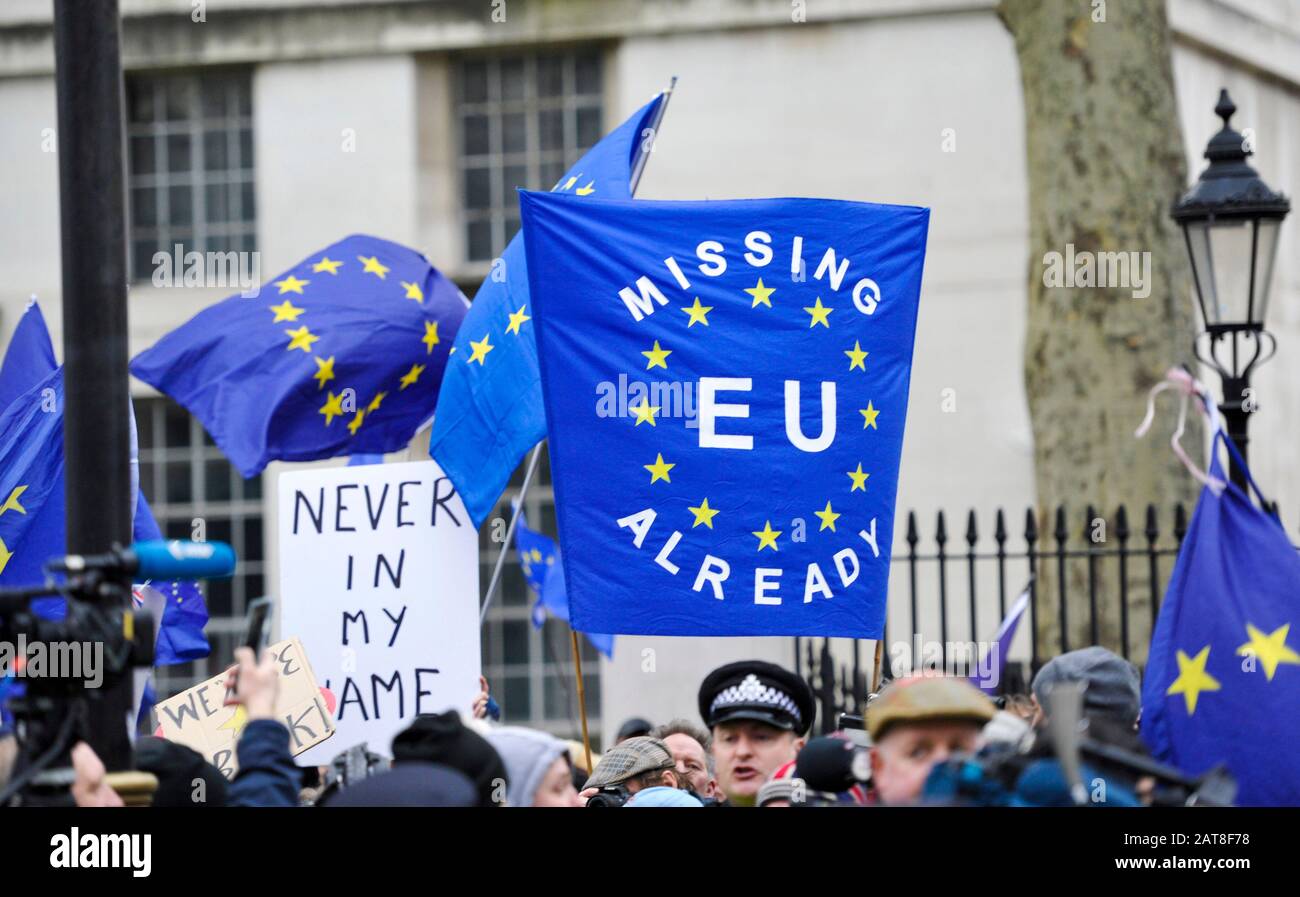 London UK 31. Januar 2020 - EU-Anhänger treffen sich in Whitehall London, als Großbritannien sich darauf vorbereitet, die EU später am Abend 47 Jahre nach seinem Beitritt zu verlassen: Credit Simon Dack / Alamy Live News Stockfoto