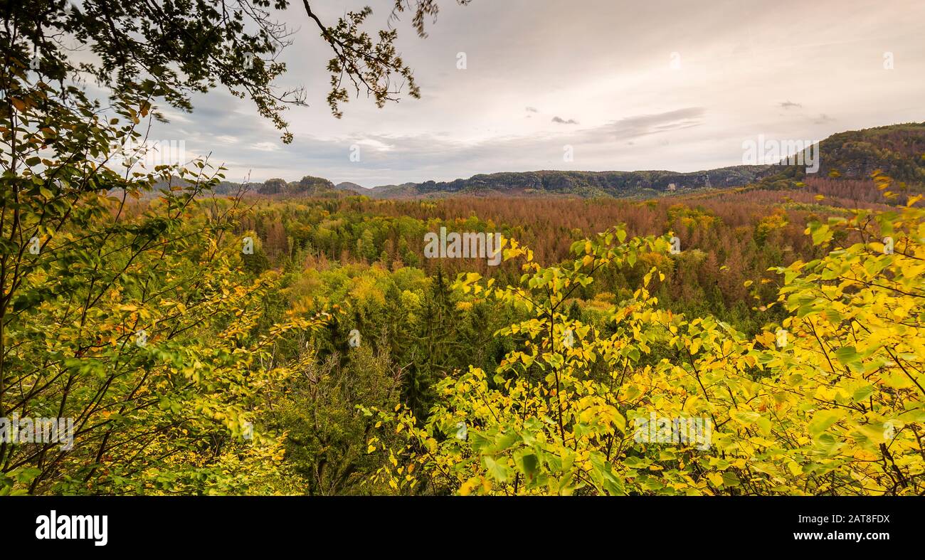 Ein Blick auf die Herbstlandschaft der Sächsischen Schweiz. Stockfoto