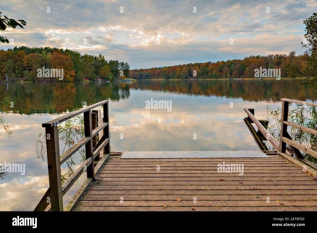 Vom Pier am Liepnitzsee aus ruht der Blick auf den ruhigen See und die herbstlichen farbigen Bäume am Ufer. Die Reflexion des bewölkten Himmels auf dem Stockfoto