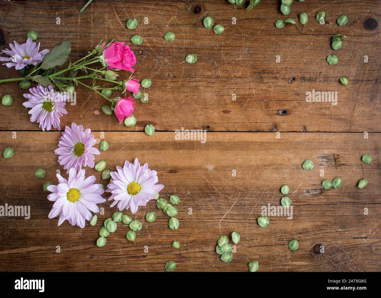 Verstreute Blumen und winzige Blätter bilden eine anmutige Grenze auf dem rustikalen Kieferntisch und lassen Platz für Text Stockfoto