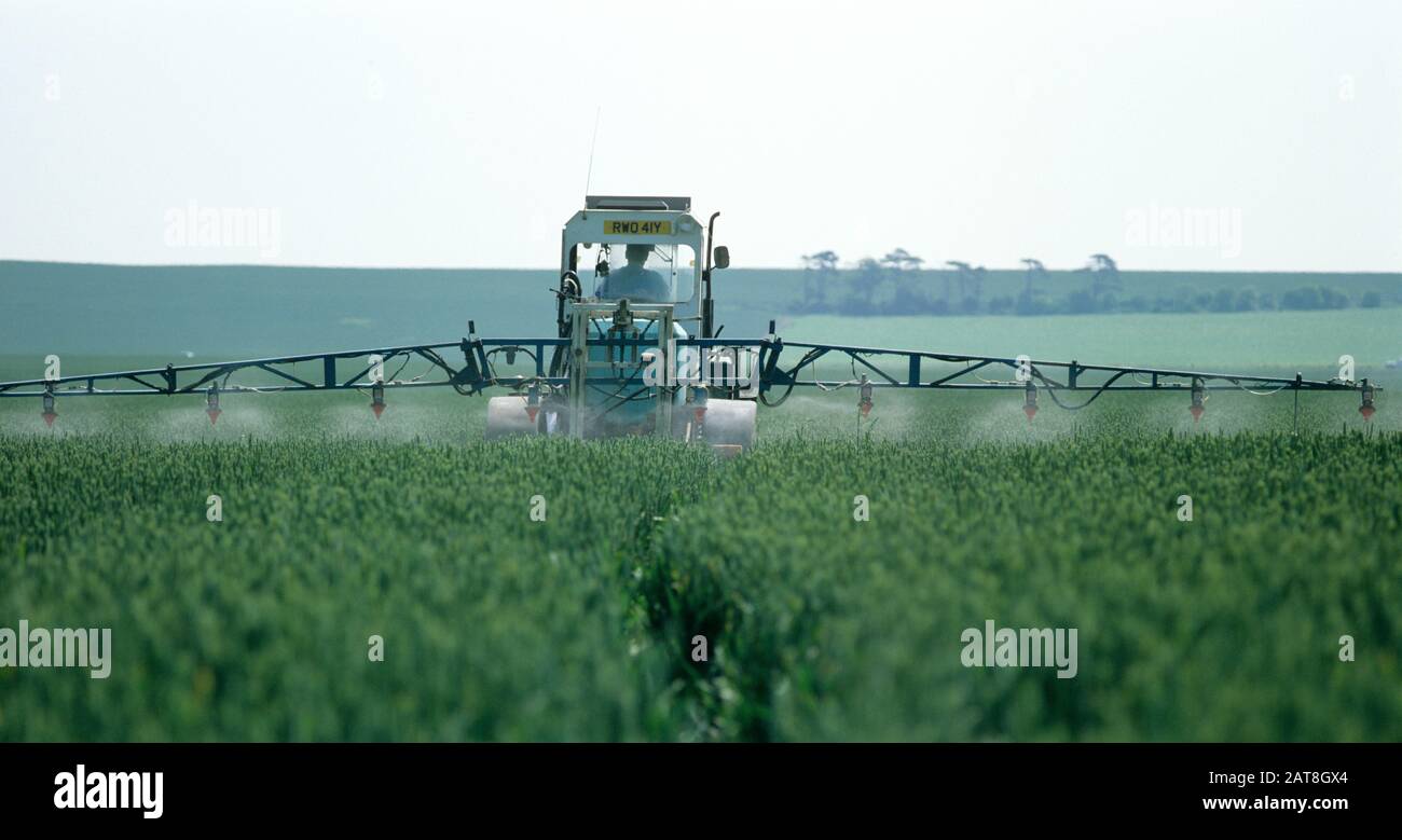 Auftragen von extrem geringem Sprühnebel von CDA-Düsen (kontrollierte Tröpfchenanwendung) auf eine Feldspritze an einem Weizenernt Stockfoto