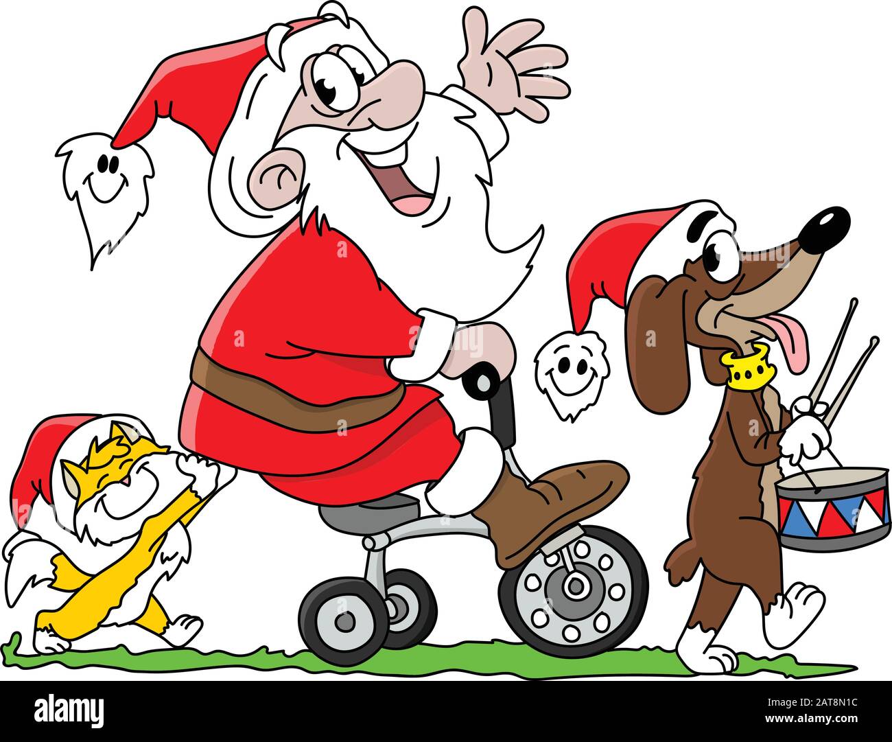 Cartoon Santa Claus auf einem Dreirad zusammen mit seiner Katze und seiner Hunde-Vektor-Illustration Stock Vektor