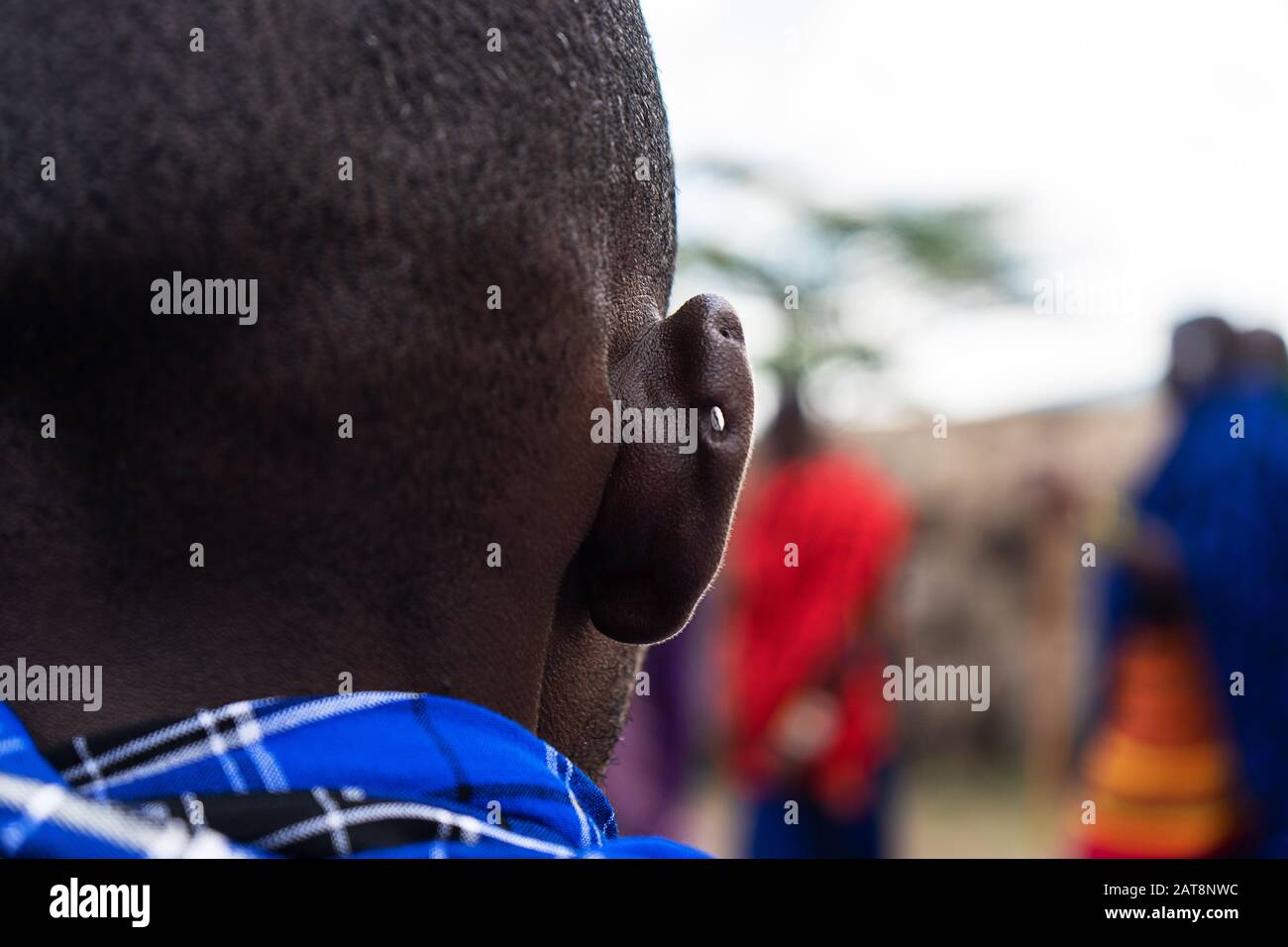 Masai Mann mit durchbohrtem Ohr. Tansania, Ostafrika, Nahaufnahme. Selektiver Fokus. Stockfoto