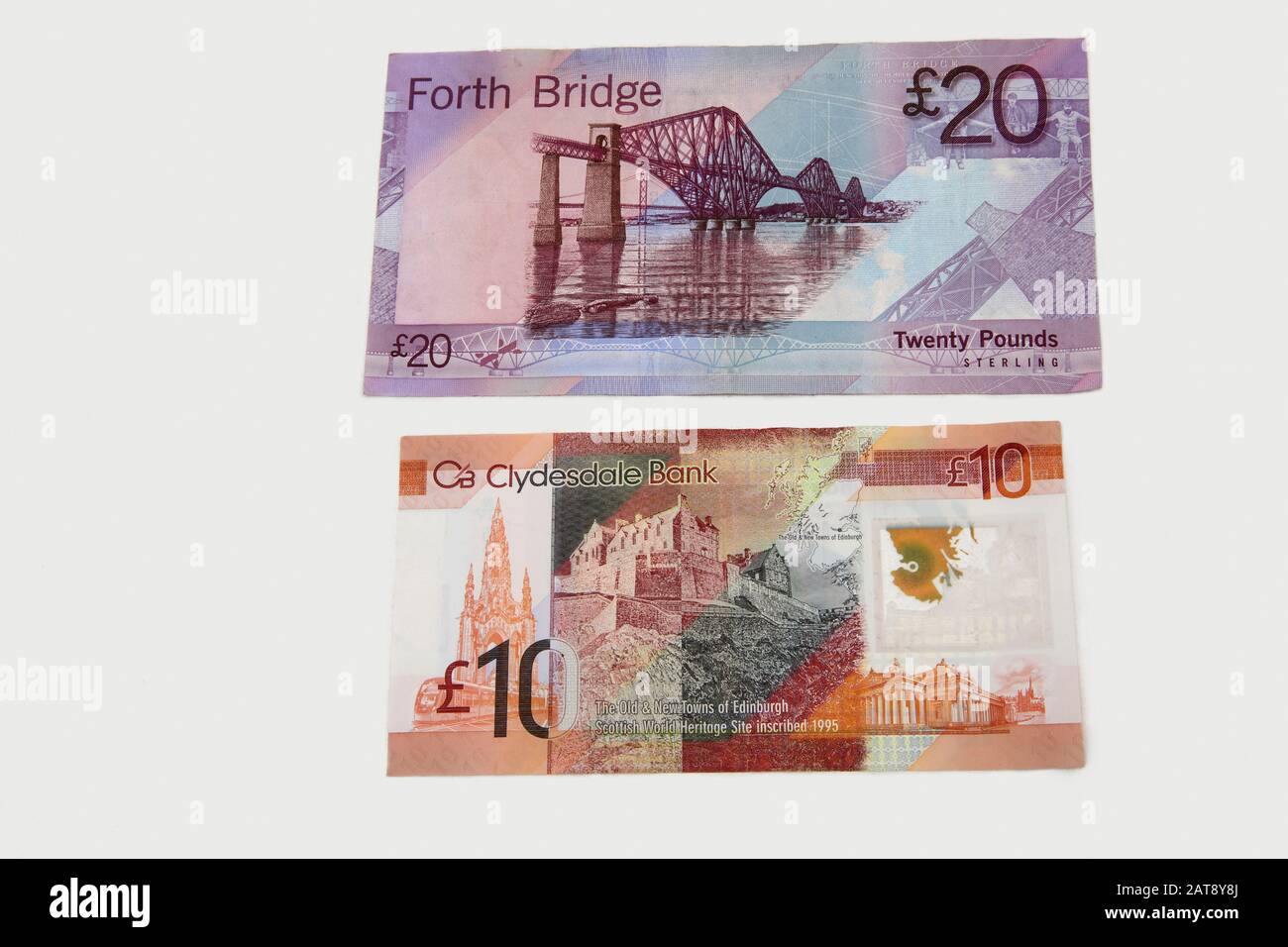 Zwei Scottish Ten Pound Notes - Bank of Scotland Und Clydesdale Bank zeigen Reverse Side Stockfoto
