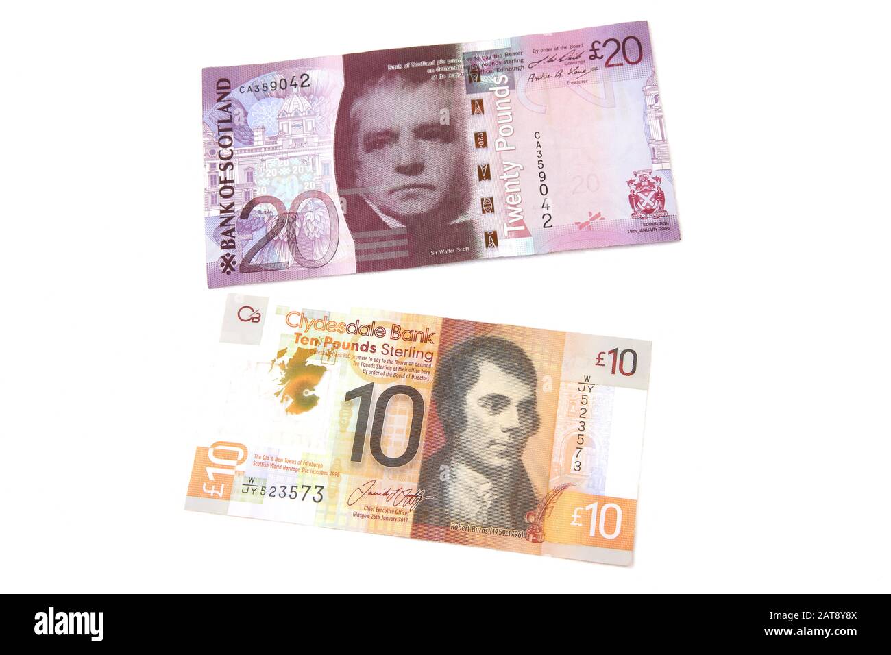 Zwei Scottish Ten Pound Notes - Bank of Scotland Und Clydesdale Bank, die Robert Burns und Sir Walter Scott darstellen Stockfoto