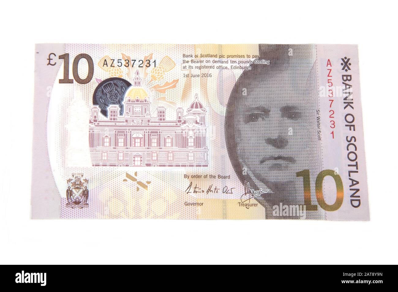 Sir Walter Scott auf Obverser Seite der Bank of Scotland Ten Pound Note Stockfoto