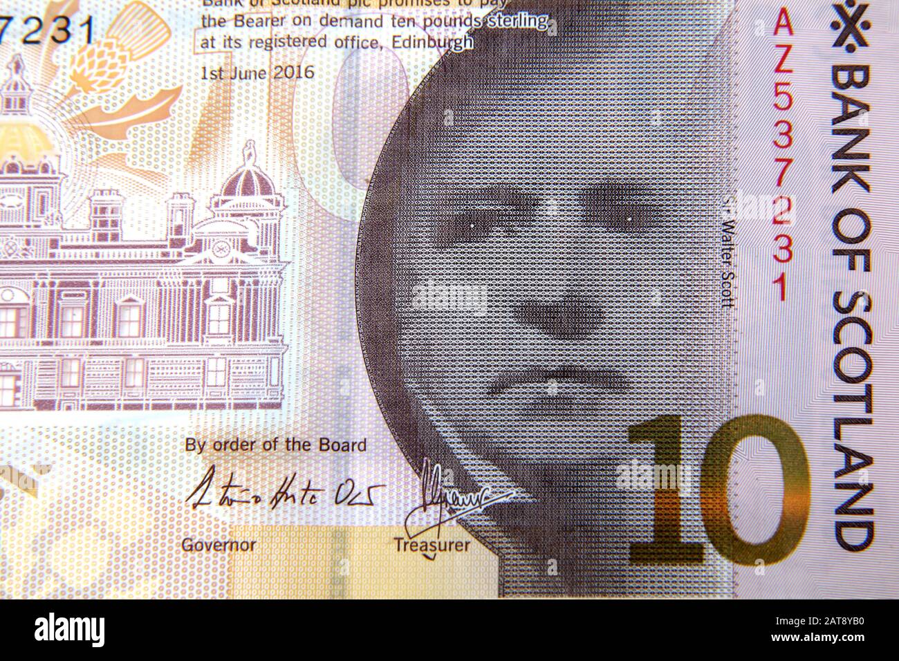 Note "Bank of Scotland Ten Pound" mit Darstellung von Sir Walter Scott Stockfoto
