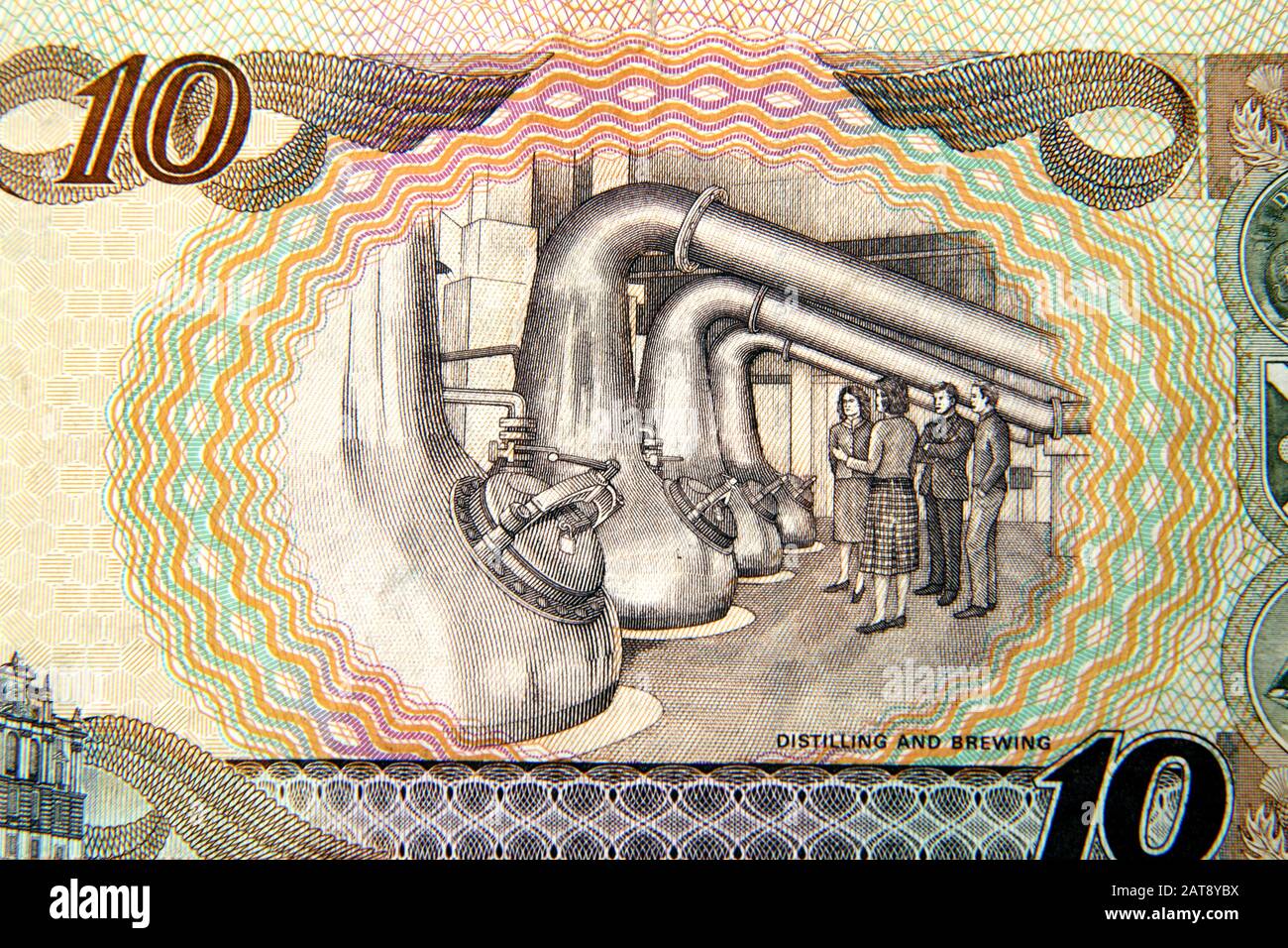 Old 1995 Bank of Scotland Terzentary Ten Pound Note, Die Destilling und Brauen Darstellt Stockfoto