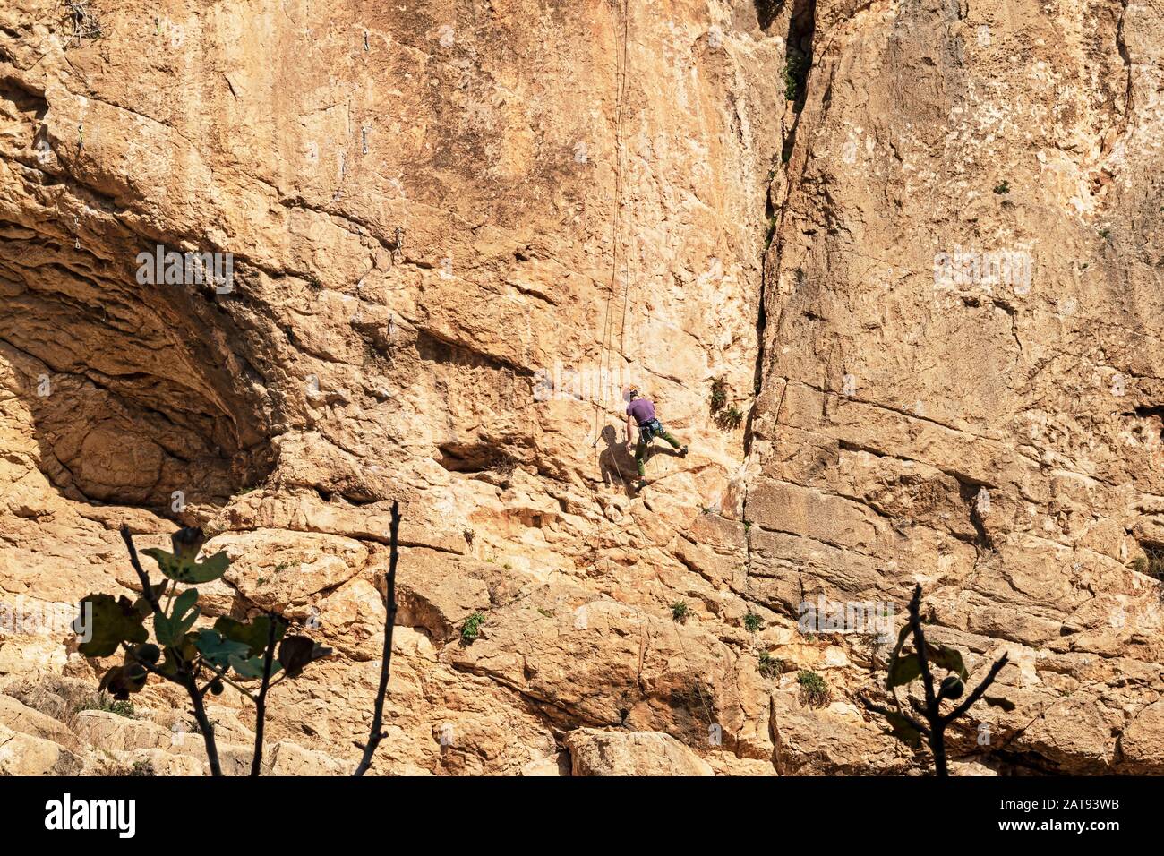 Ein Felskletterer klammert sich an eine senkrechte Kalkfelsklippe nahe dem kloster faran im Naturreservat ein prälat in wadi qelt am Westufer Stockfoto