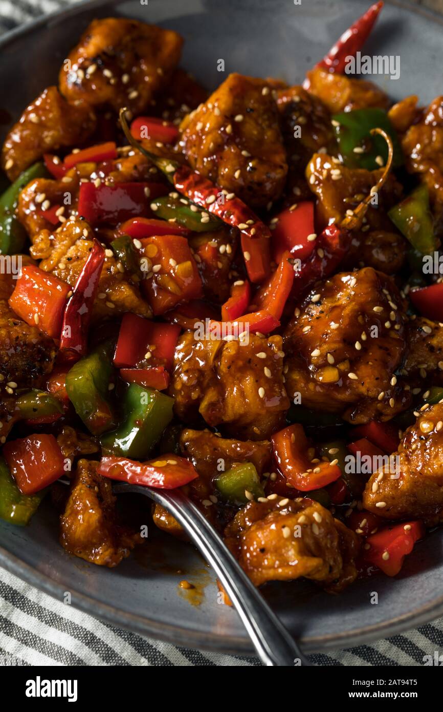 Hausgemachtes Würziges Szechuan-Huhn mit Pfeffern und Reis Stockfoto