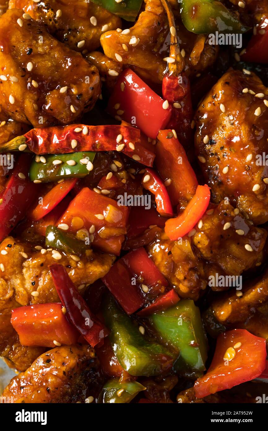 Hausgemachtes Würziges Szechuan-Huhn mit Pfeffern und Reis Stockfoto