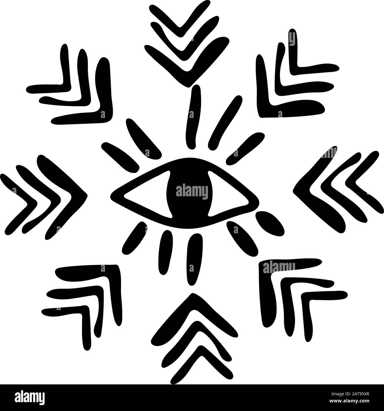 Einheimische amerikanische Kultur. Bild eines großen offenen Auges im Boho-Stil. In einem Kreis angeordnete Hieroglyphen und Pfeile. Schwarz-Weiß-Flachbild. Stock Vektor