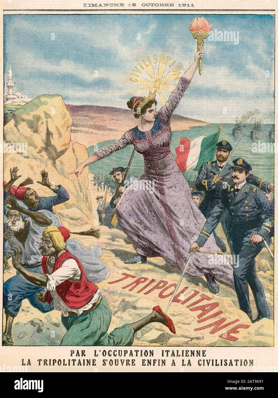 ITALO-TÜRKISCHER KRIEG 1911-1912. Patriotische italienische Illustration der "Befreiung" Tripolitaniens Stockfoto