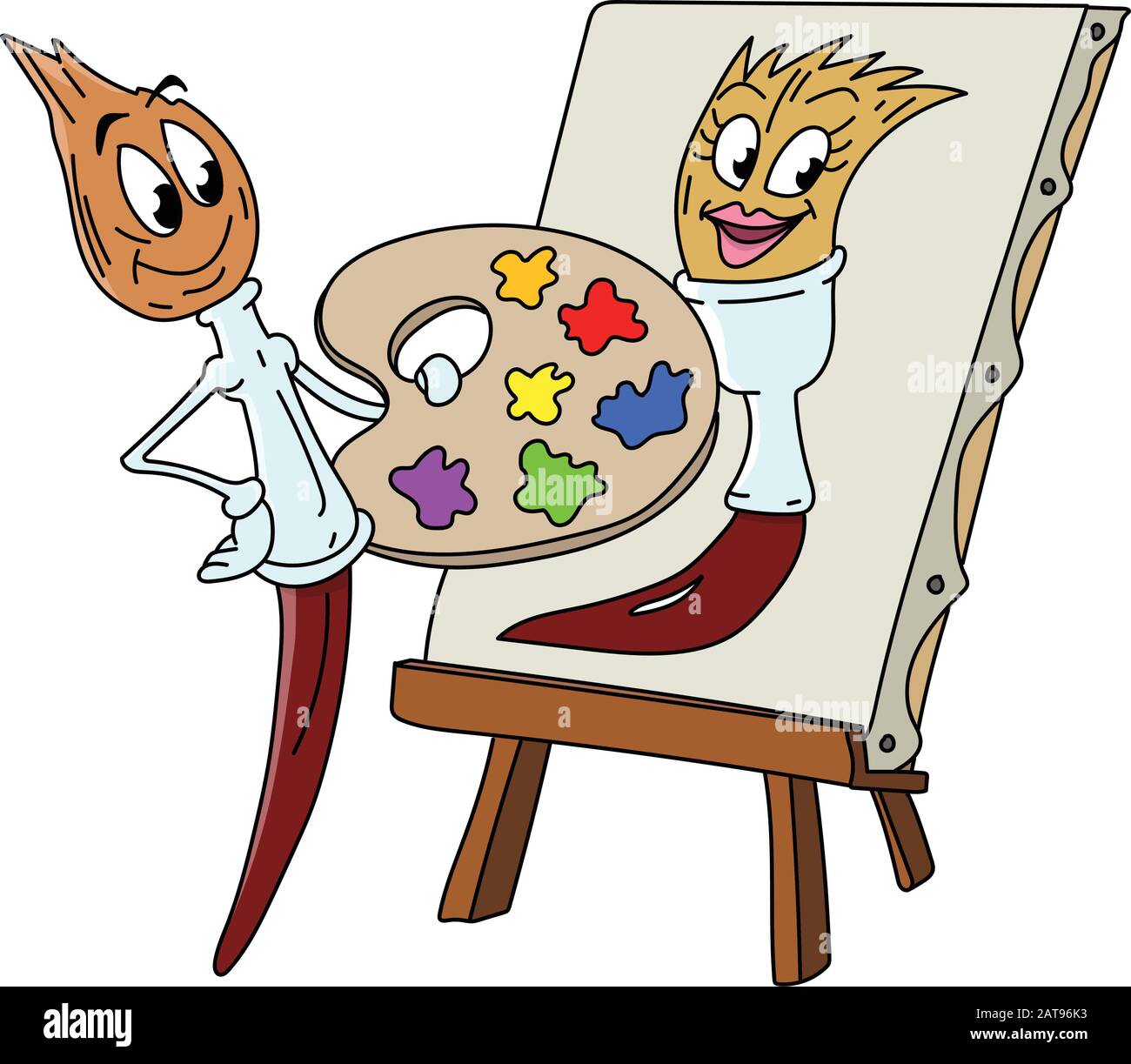 Eine Cartoon-Malpinsel, die eine Palette in seinen Händen hält, malt ein Bild von seiner Freundin Vektorgrafiken Stock Vektor