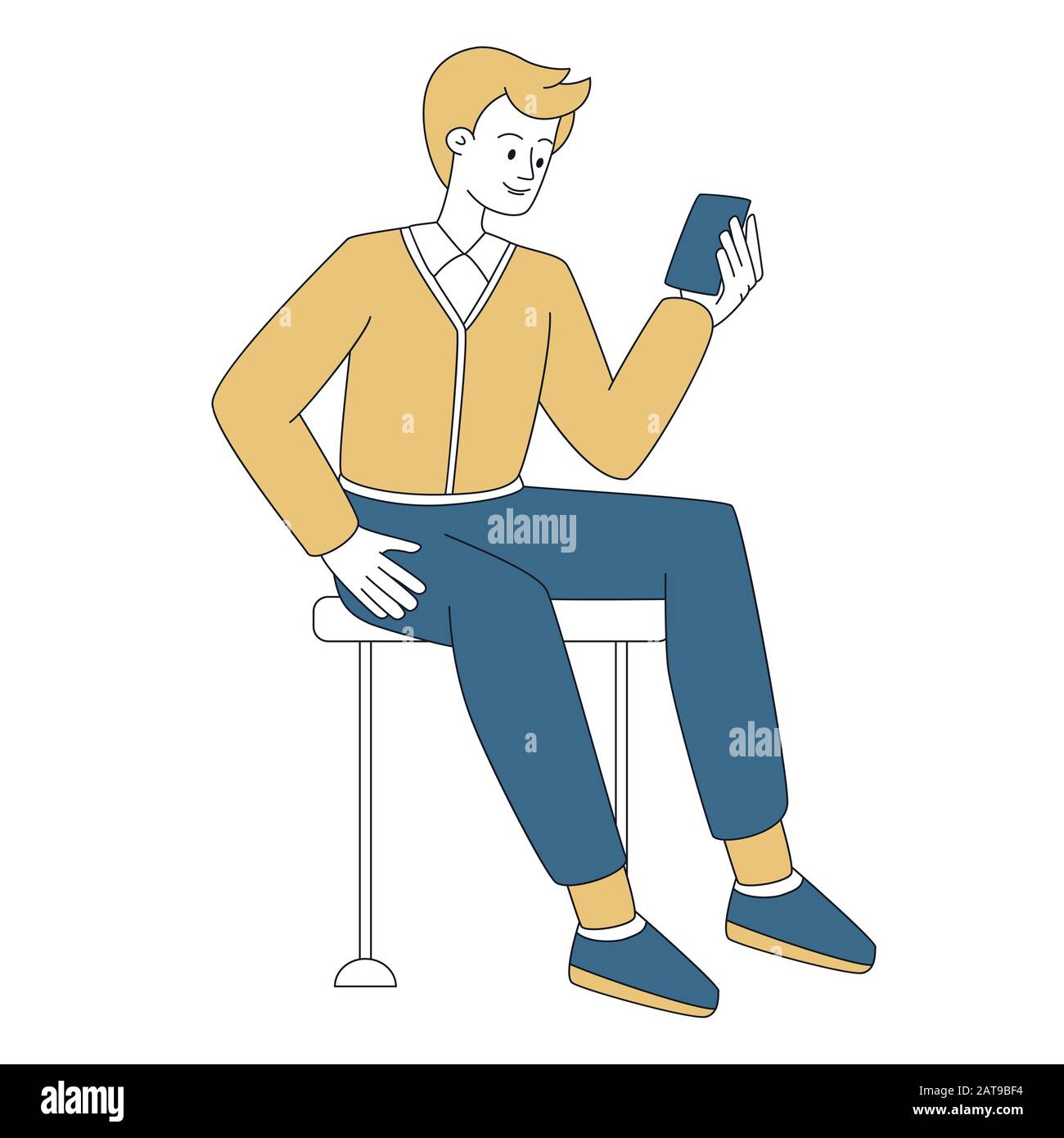 Lächelnder Mann hält Smartphone lineare Abbildung. Lässiger Kerl, der mit Handychatten sitzt und auf dem Bildschirm eine isolierte Zeichentrickfigur sieht. Stilvoller Erwachsener mit Telefon, Kommunikation Stock Vektor