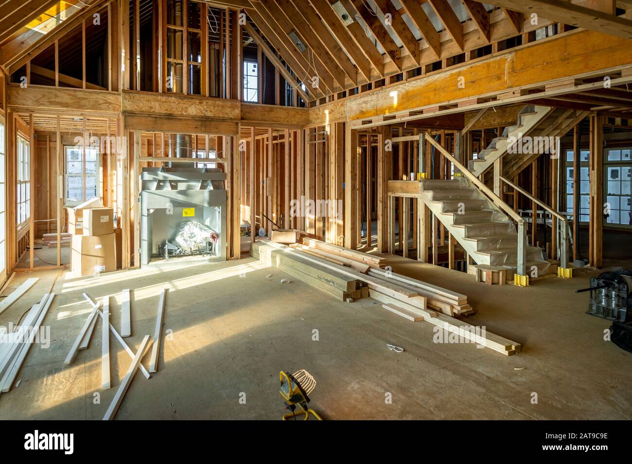 Holzeinfassung Interior Von Residential House Construction, USA Stockfoto