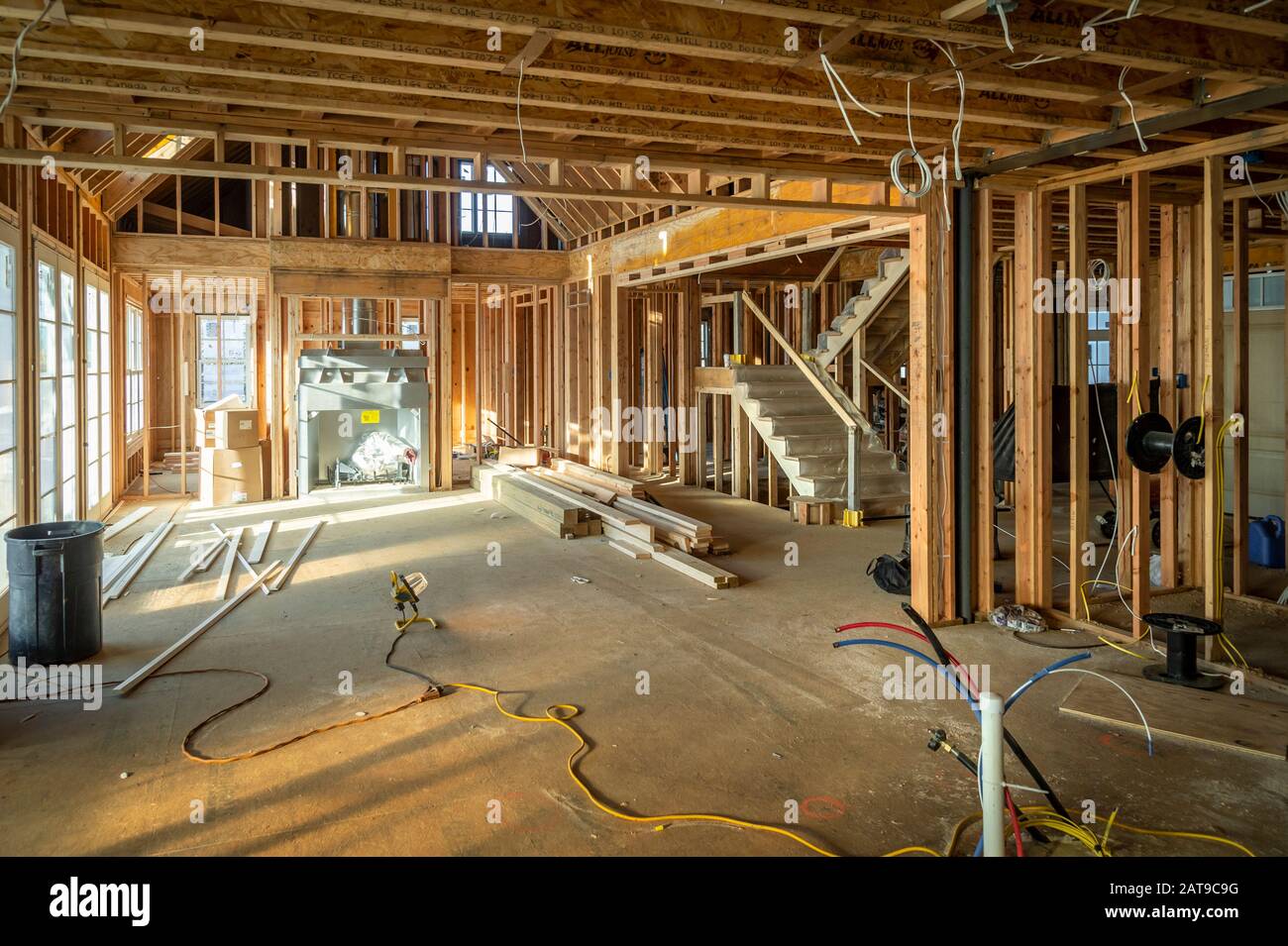 Holzeinfassung Interior Von Residential House Construction, USA Stockfoto