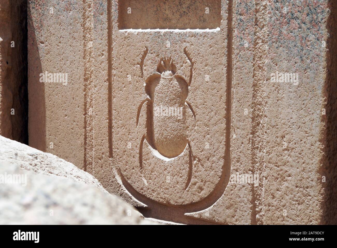 Luxor, Karnak, Ägypten, Afrika. Tempel von Karnak. Detail und Schönheit des Schnitzens eines Käfers in einer Kartusche. Stockfoto
