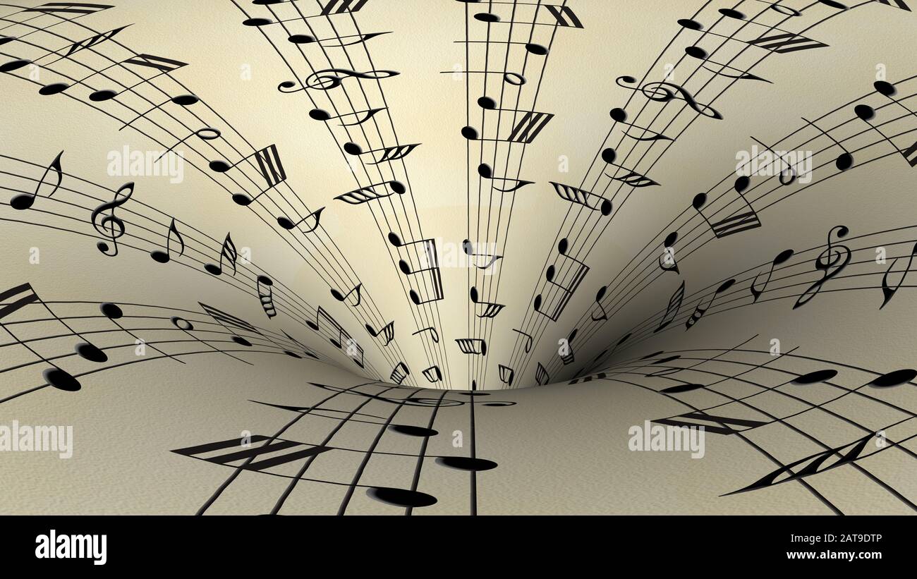 Musiknoten kommen auf dem alten Papierhintergrund aus dem Loch Stockfoto