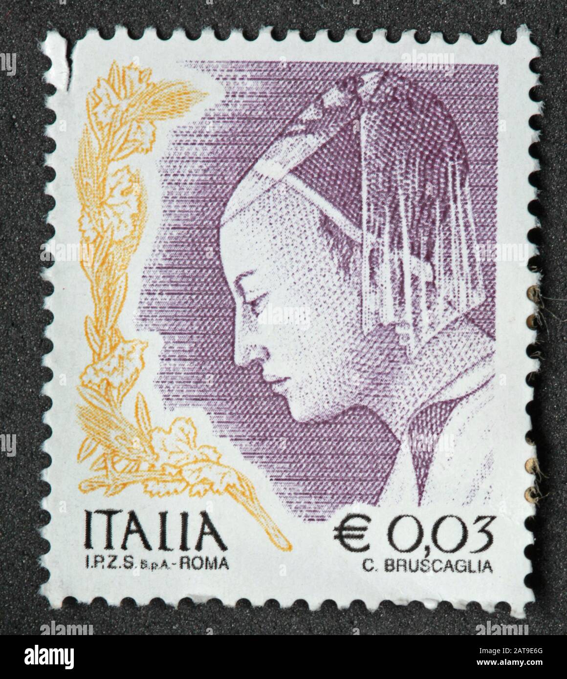 Italienischer Stempel, poste Italia verwendete und frankierte Stempel, Italia Roma Stempel E0.03 C.Bruscaglia Stockfoto