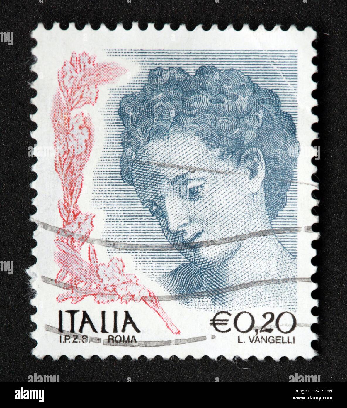 Italienische Briefmarke, poste Italia verwendet und Stempel aufgefeilt, Stockfoto