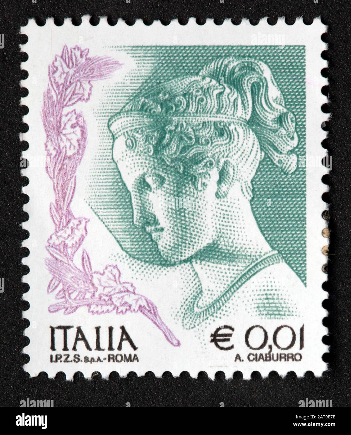 Italienischer Stempel, poste Italia verwendete und festgesetzte Stempel, Italia E 0,01 A.Ciaburro Stockfoto
