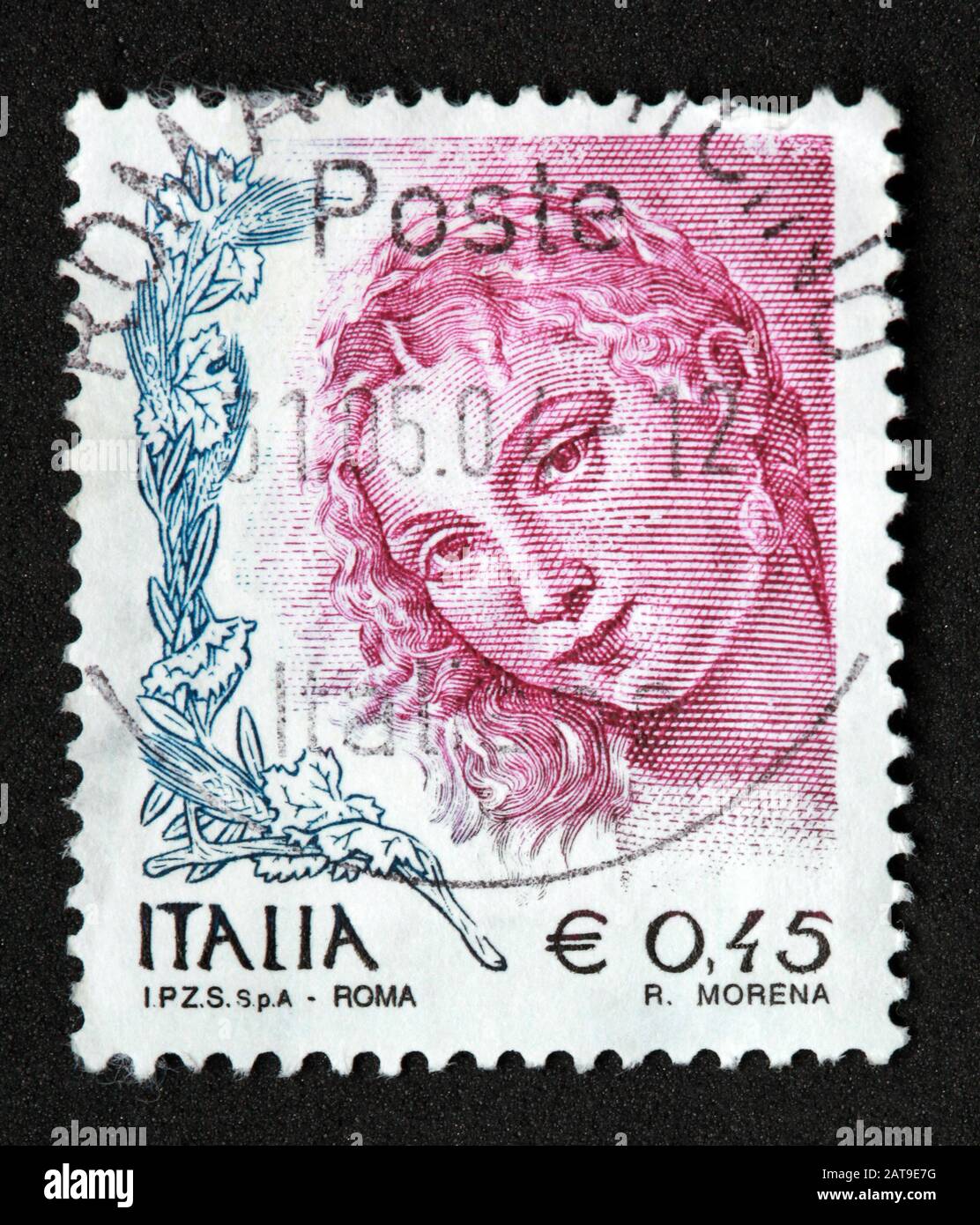 Italienische Briefmarke, poste Italia verwendete und frankierte Briefmarke, Italia E0.45 Roma R.morena Stockfoto