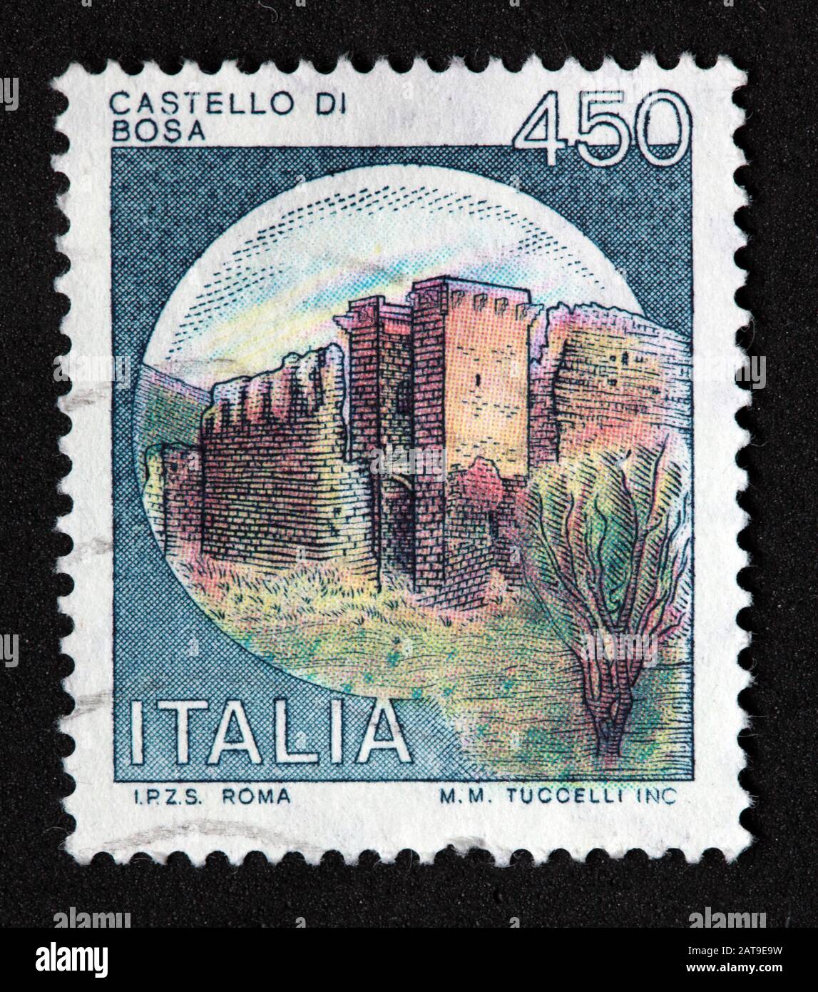 Italienische Briefmarke, poste Italia verwendete und festlegte Stempel, Burgen von Italien, Italia Costello Di Bosa, 450 lire M.M.Tuccelli Inc Roma Stockfoto