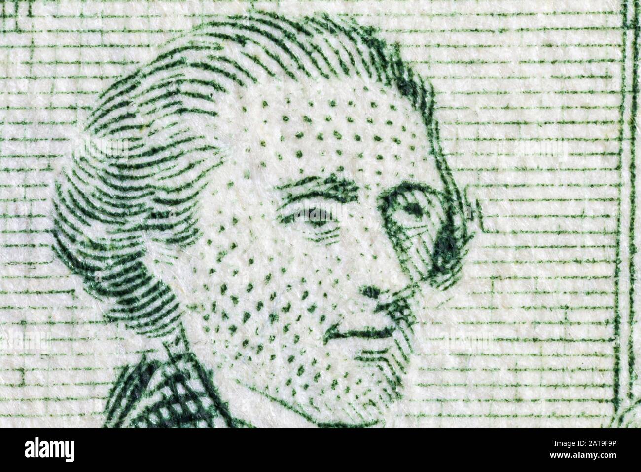 Nahaufnahme von Thomas Jefferson auf der Zwei-Dollar-Rechnung. Stockfoto