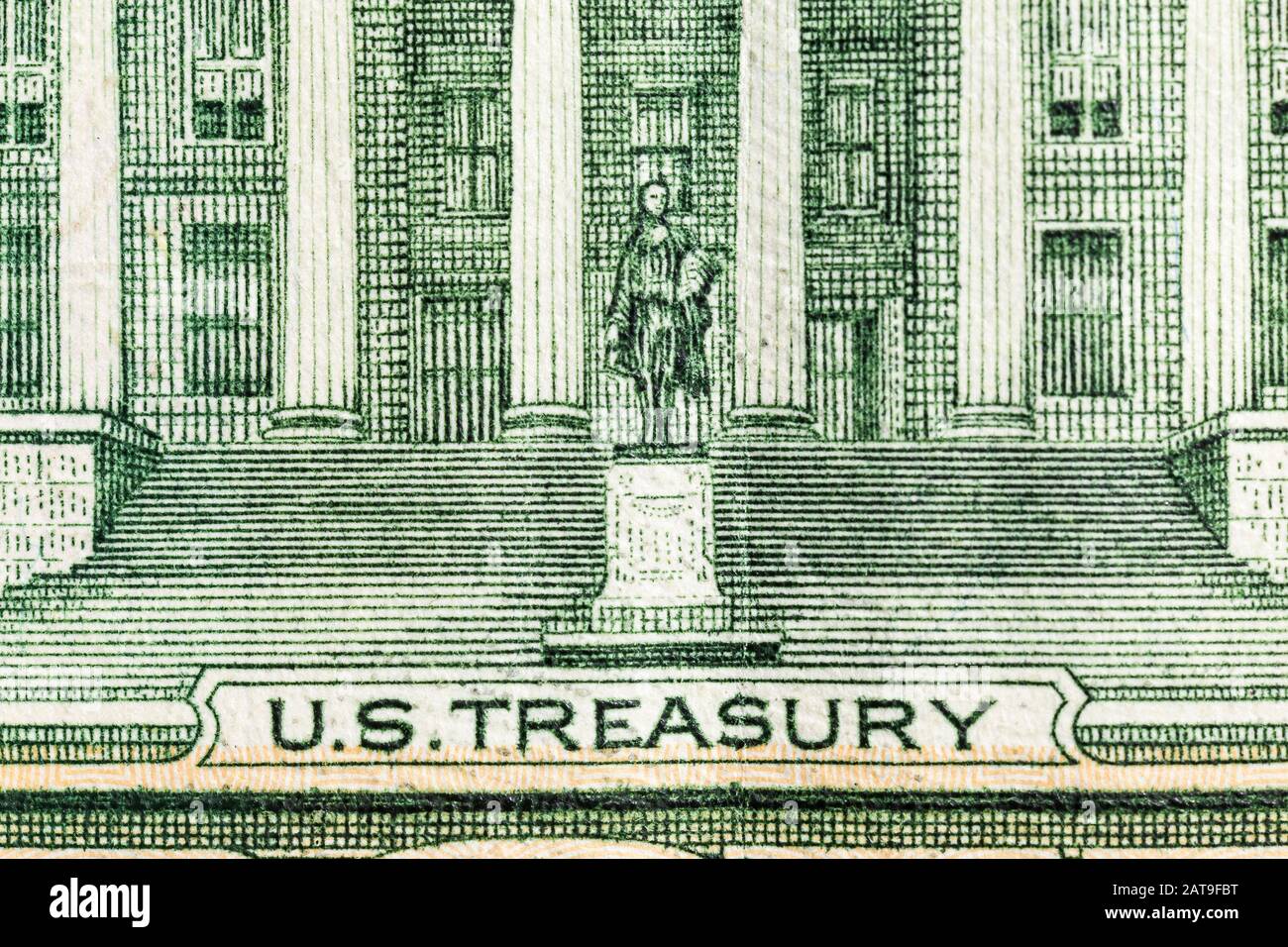 Nahaufnahme des US-Schatzamtes auf dem US-Amerikanischen Zehndollar-Gesetz. Stockfoto