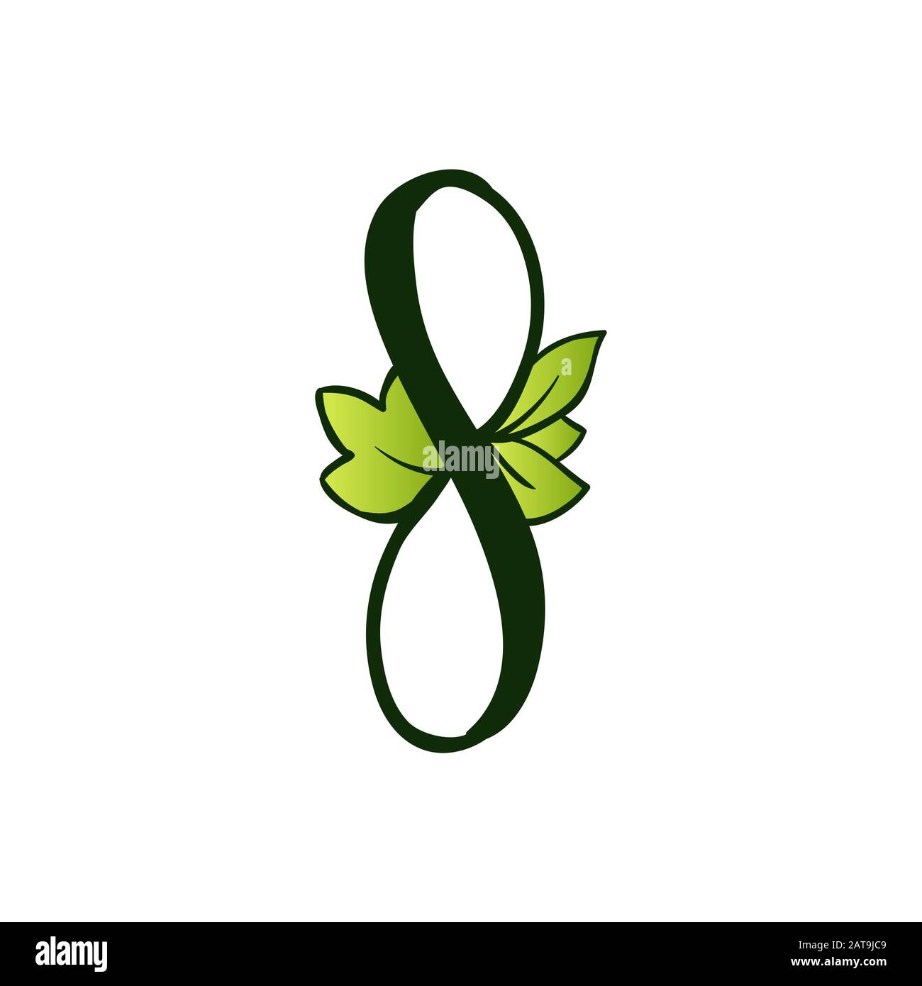 Grünes Eco-Alphabet Nummer Acht Zeichen.Typ mit Blättern. Isoliertes Lateinisches Großbuchstaben. Typografie Bold Spring Letter oder Doodle ABC Zeichen für Monogramm-Wörter und Logo. Stock Vektor
