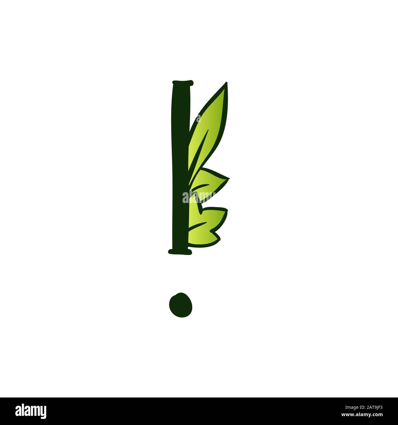 Grün Leuchtend Eco Alphabet Buchstabe Ausrufezeichen.geben Sie mit Blättern ein. Isoliertes Lateinisches Großbuchstaben. Typografie Bold Spring Letter oder Doodle ABC Zeichen für Monogramm-Wörter und Logo. Stock Vektor