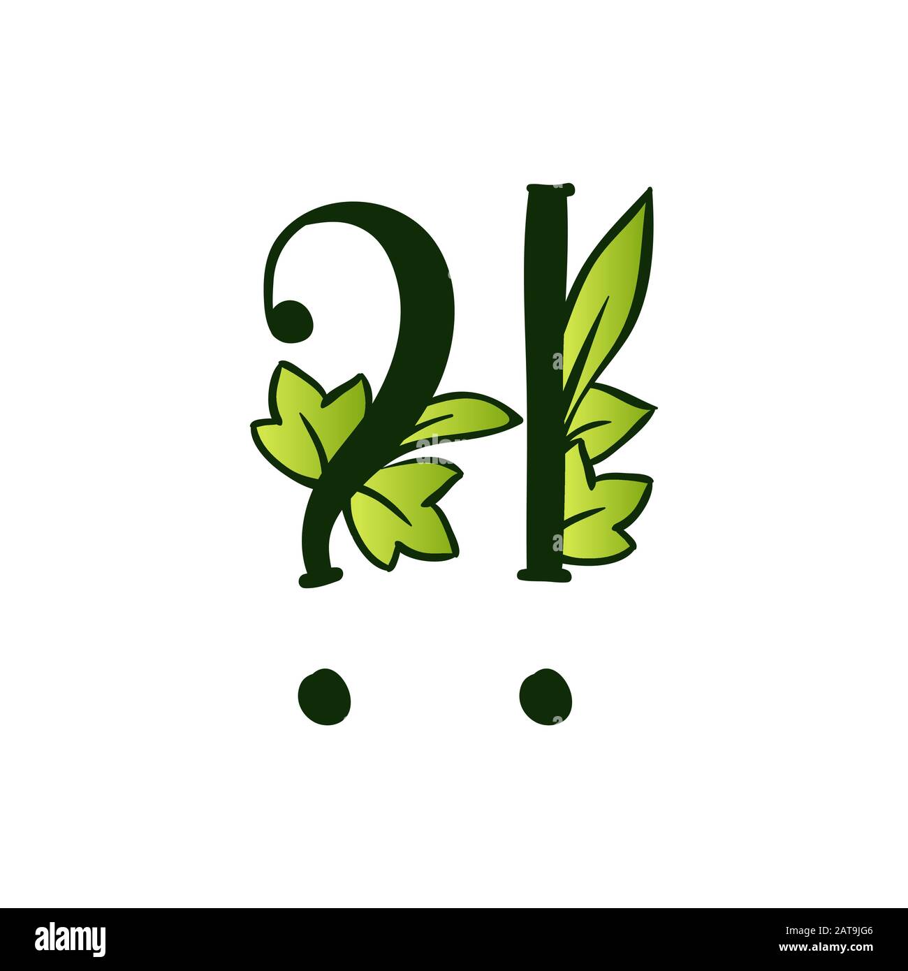 Grün Leuchtend Eco Alphabet Buchstabe Fragezeichen.Typ mit Blättern. Isoliertes Lateinisches Großbuchstaben. Typografie Bold Spring Letter oder Doodle ABC Zeichen für Monogramm-Wörter und Logo. Stock Vektor