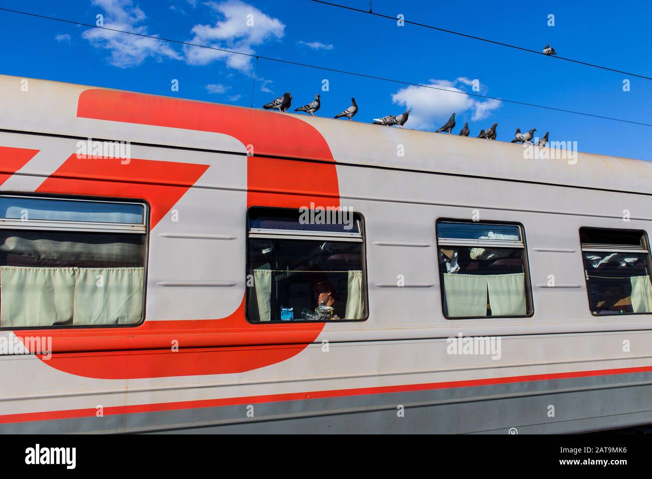 Passagiere im Transsibirischen Zug und Tauben im Ilansky-Bahnhof Stockfoto
