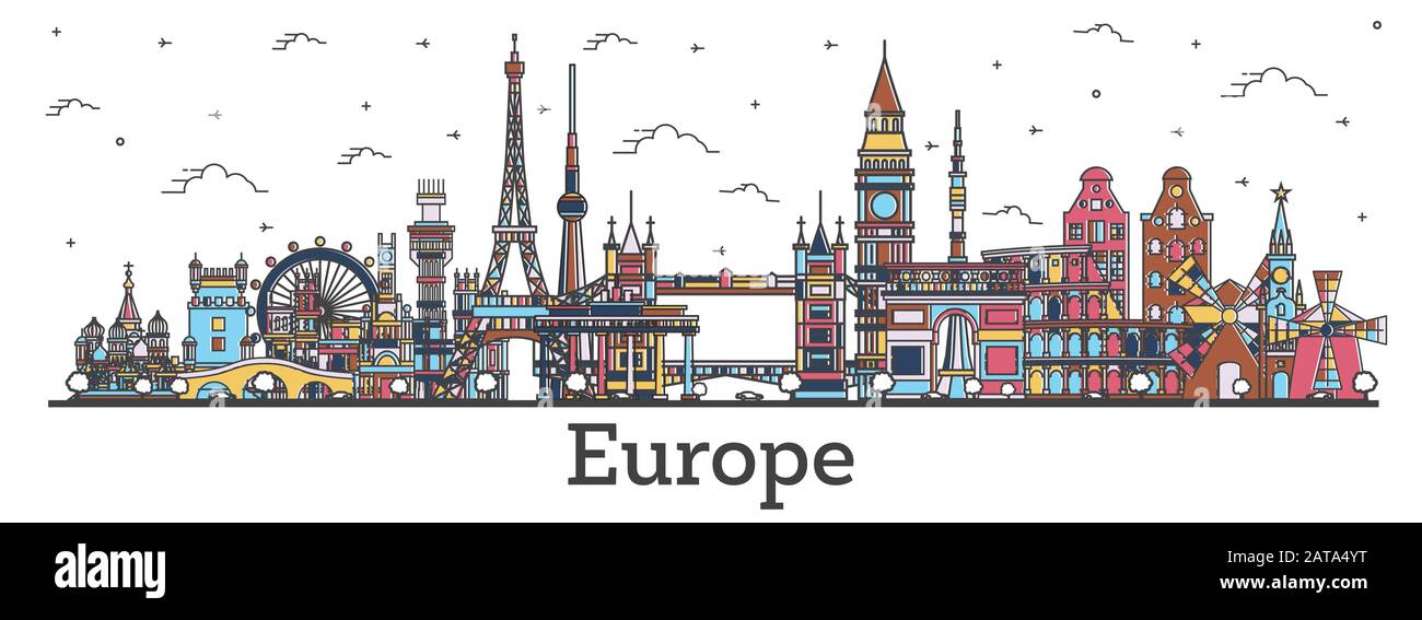 Skizzieren Sie Berühmte Wahrzeichen in Europa. Vektorgrafiken. Business Travel and Tourism Concept mit Color Buildings. Bild für Präsentation, Banner. Stock Vektor