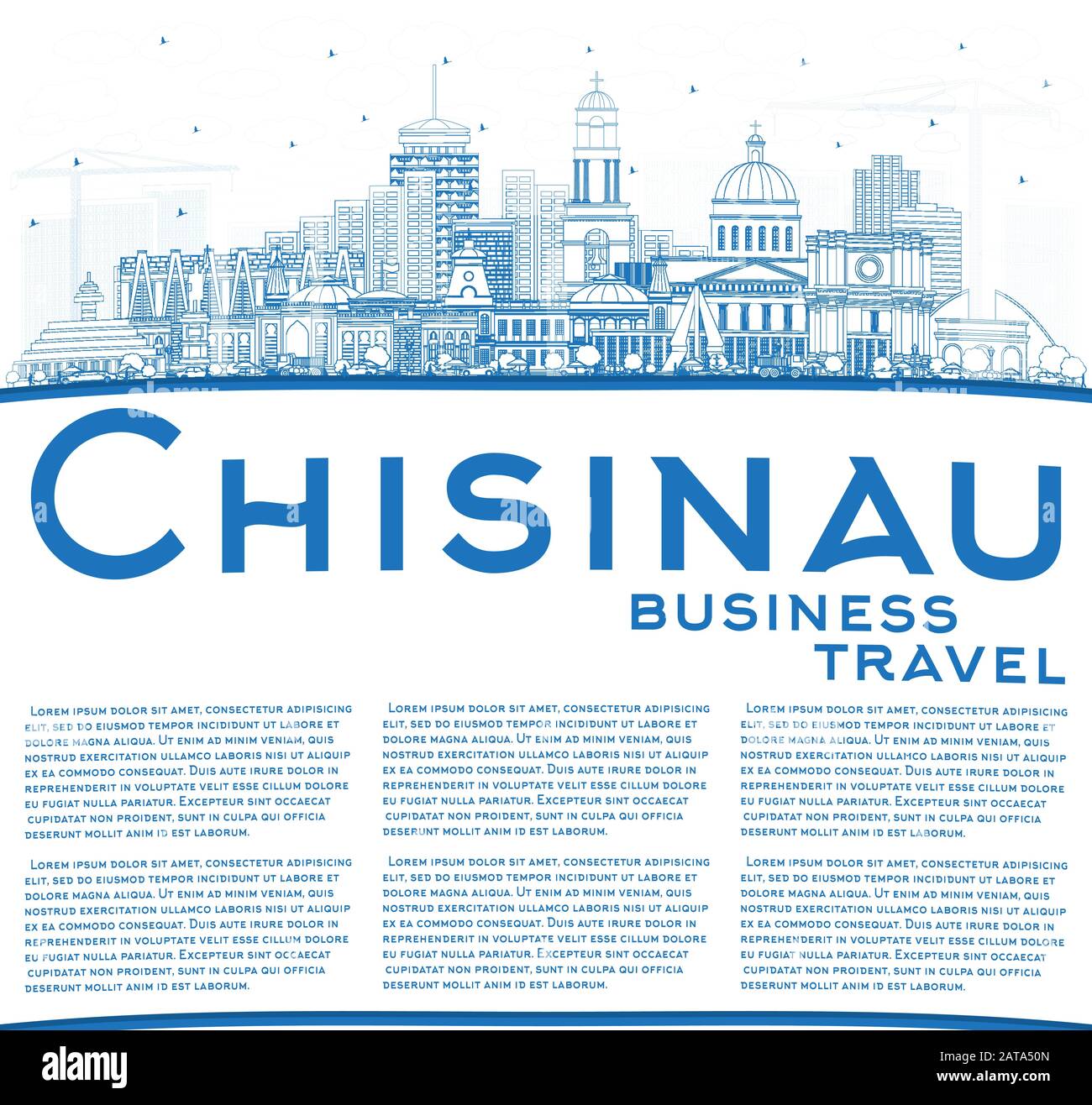 Umrisse Chisinau Moldawien City Skyline mit blauen Gebäuden und Copy Space. Vektorgrafiken. Business Travel and Tourism Konzept. Stock Vektor