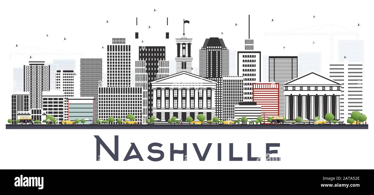 Nashville Tennessee City Skyline mit Farbgebäuden Isoliert auf Weiß. Vektorgrafiken. Business Travel and Tourism Konzept. Stock Vektor