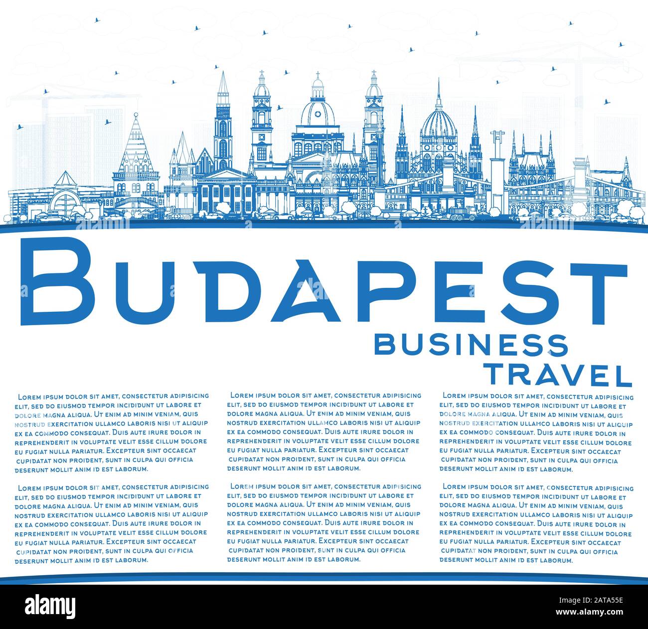 Überblick Budapest Ungarn City Skyline mit blauen Gebäuden und Kopierräumen. Vektorgrafiken. Business Travel and Tourism Konzept Stock Vektor