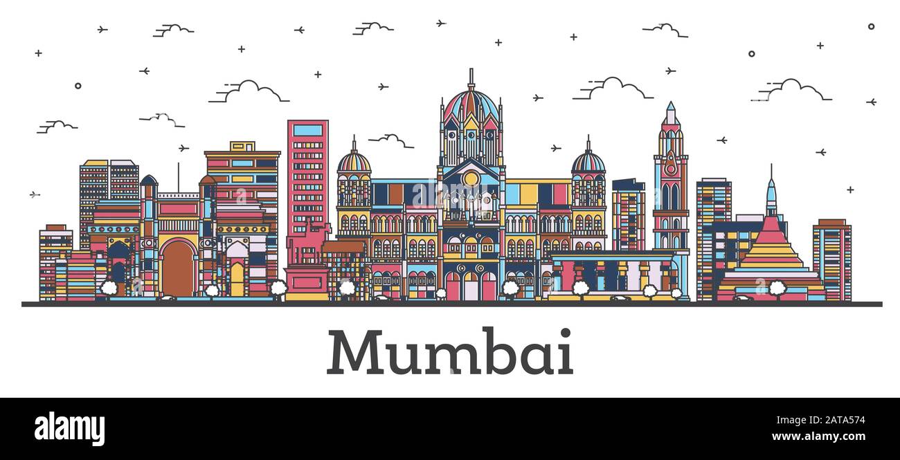 Umrisse Mumbai India City Skyline mit Farbgebäuden Isoliert auf Weiß. Vektorgrafiken. Bombay Stadtbild mit Sehenswürdigkeiten. Stock Vektor