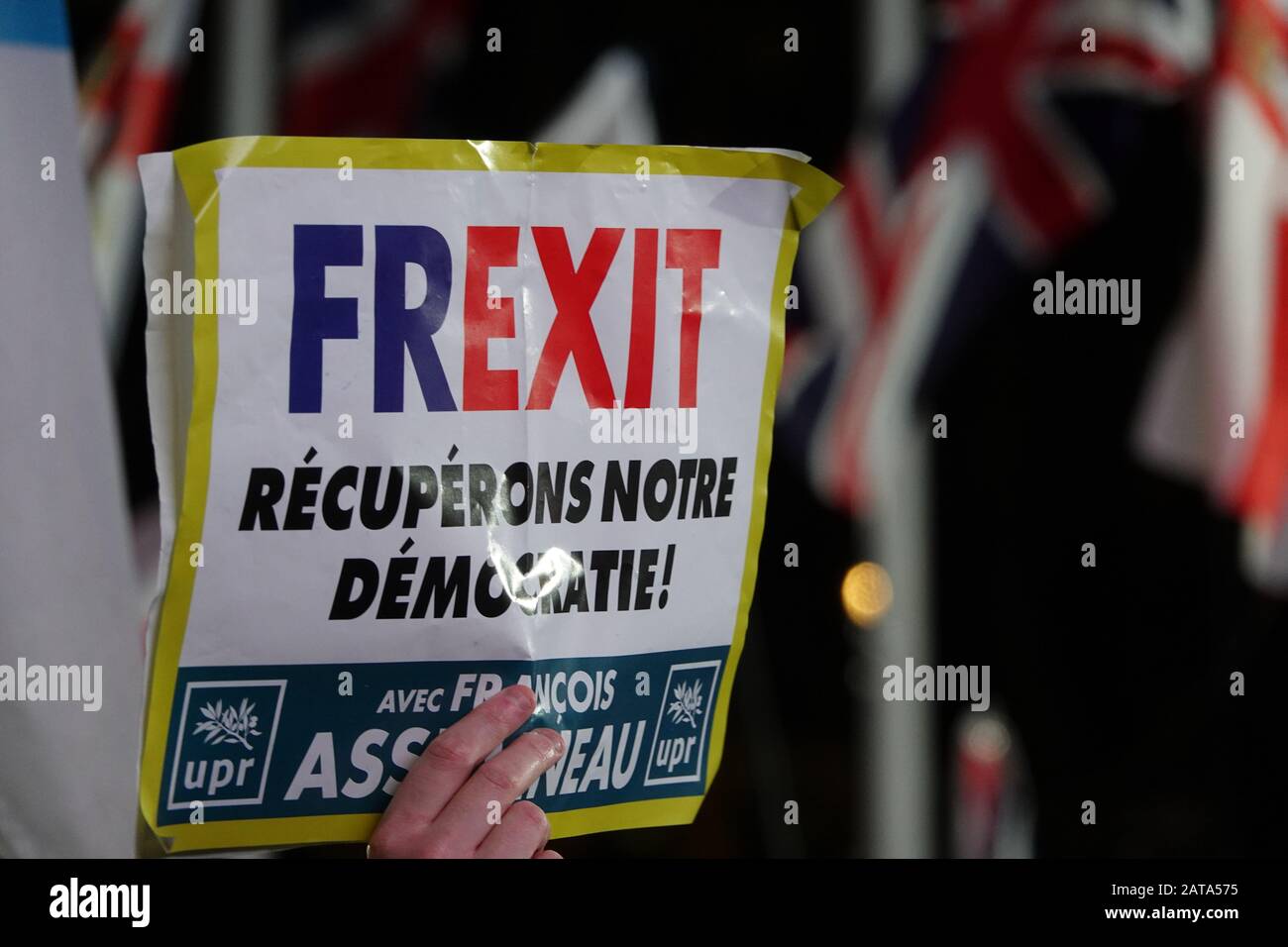 London, Großbritannien. Januar 2020. Frexit-Plakat auf der Brexit-Feier am Parliament Square, während Großbritannien die Europäische Union verlässt. Wir Danken Andrew Stehrenberger/Alamy Live News Stockfoto