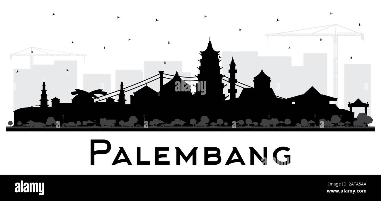 Palembang Indonesia City Skyline Silhouette mit schwarzen Gebäuden Isoliert auf Weiß. Vektorgrafiken. Stock Vektor