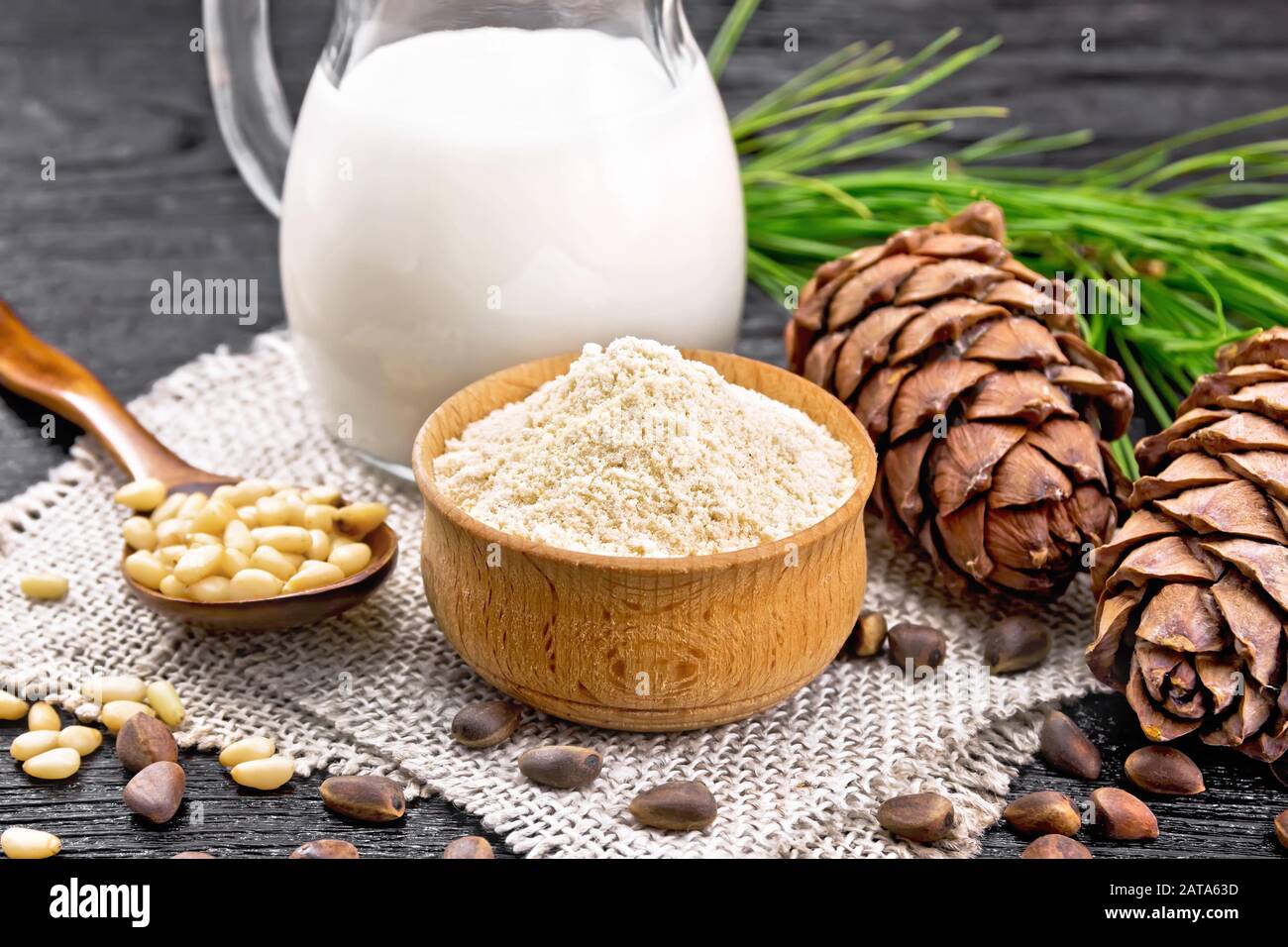 Zedernmehl in einer Schüssel, Nüssen und zwei Kegeln, Löffel mit geschälten Nüssen auf Burlap, grünem Zweig und Zedernmilch in einer Kanne auf dem Hintergrund dunkler Holzplatten Stockfoto