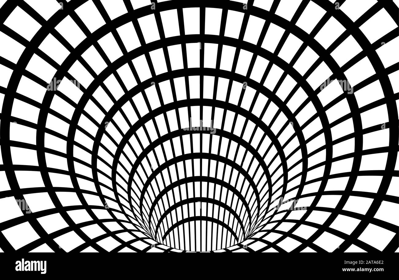 Geometric Black and White Abstract Hypnotic Worm-Hole Tunnel - Optical Illusion - Vector Illusion Checkered Optical Art Stock Vektor