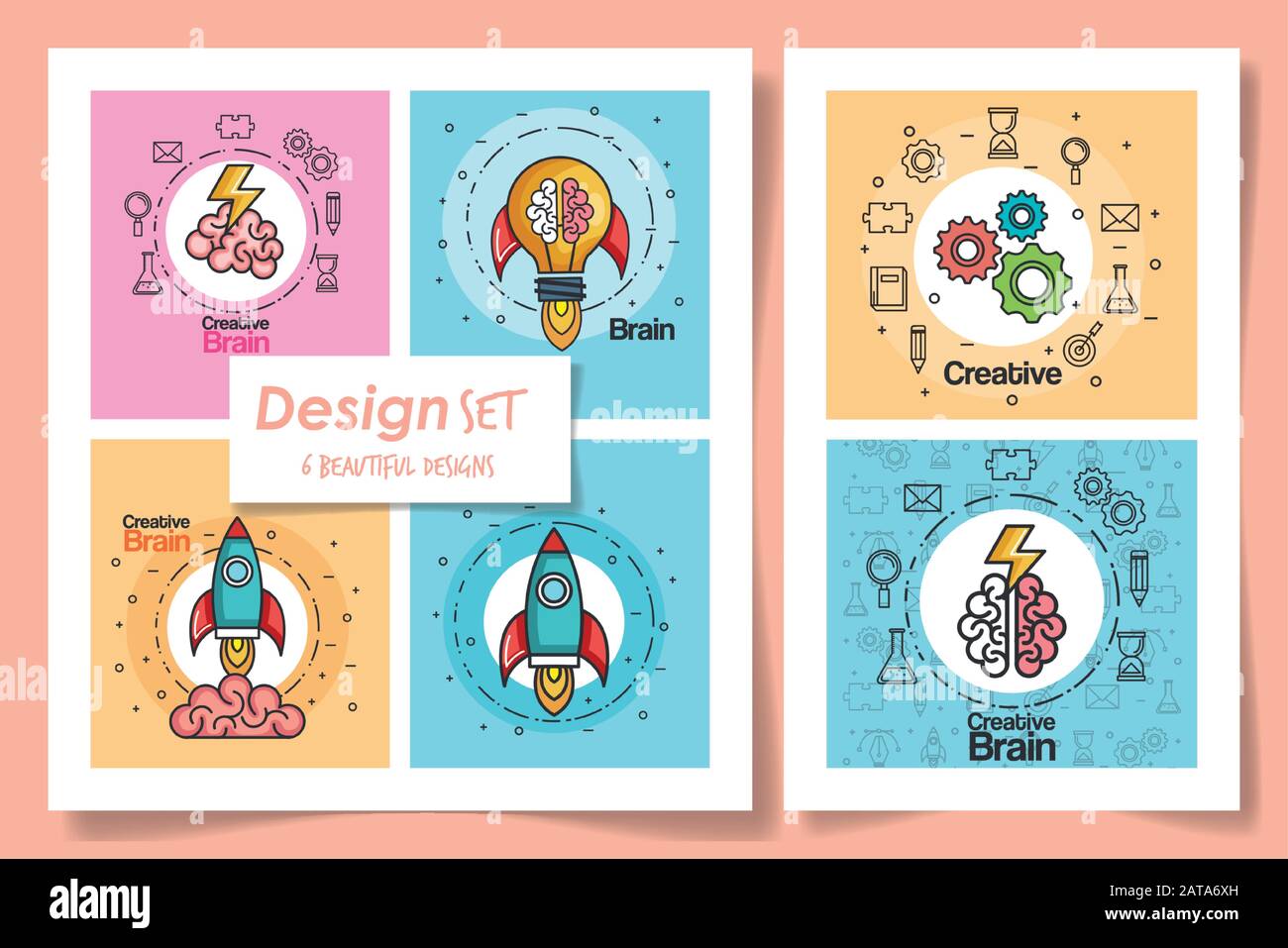 Sechs Designs für Brainstorming und Symbole Stock Vektor