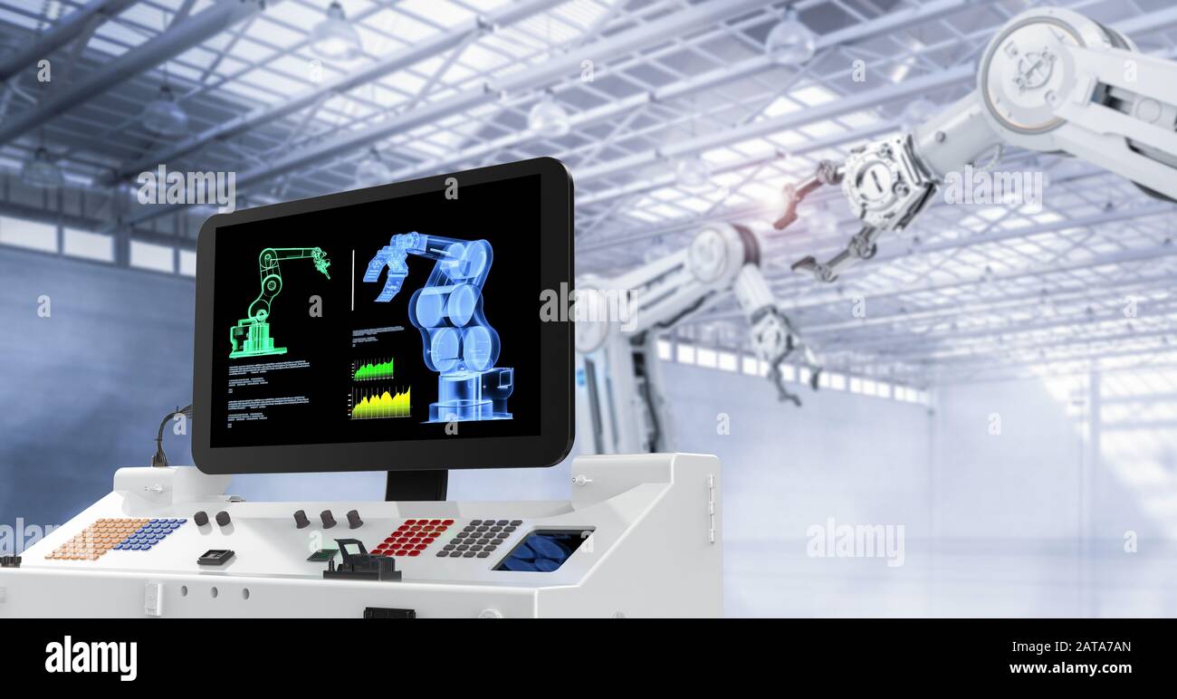 Automation factory Konzept mit 3D-rendering Control Panel mit Roboterarmen Stockfoto