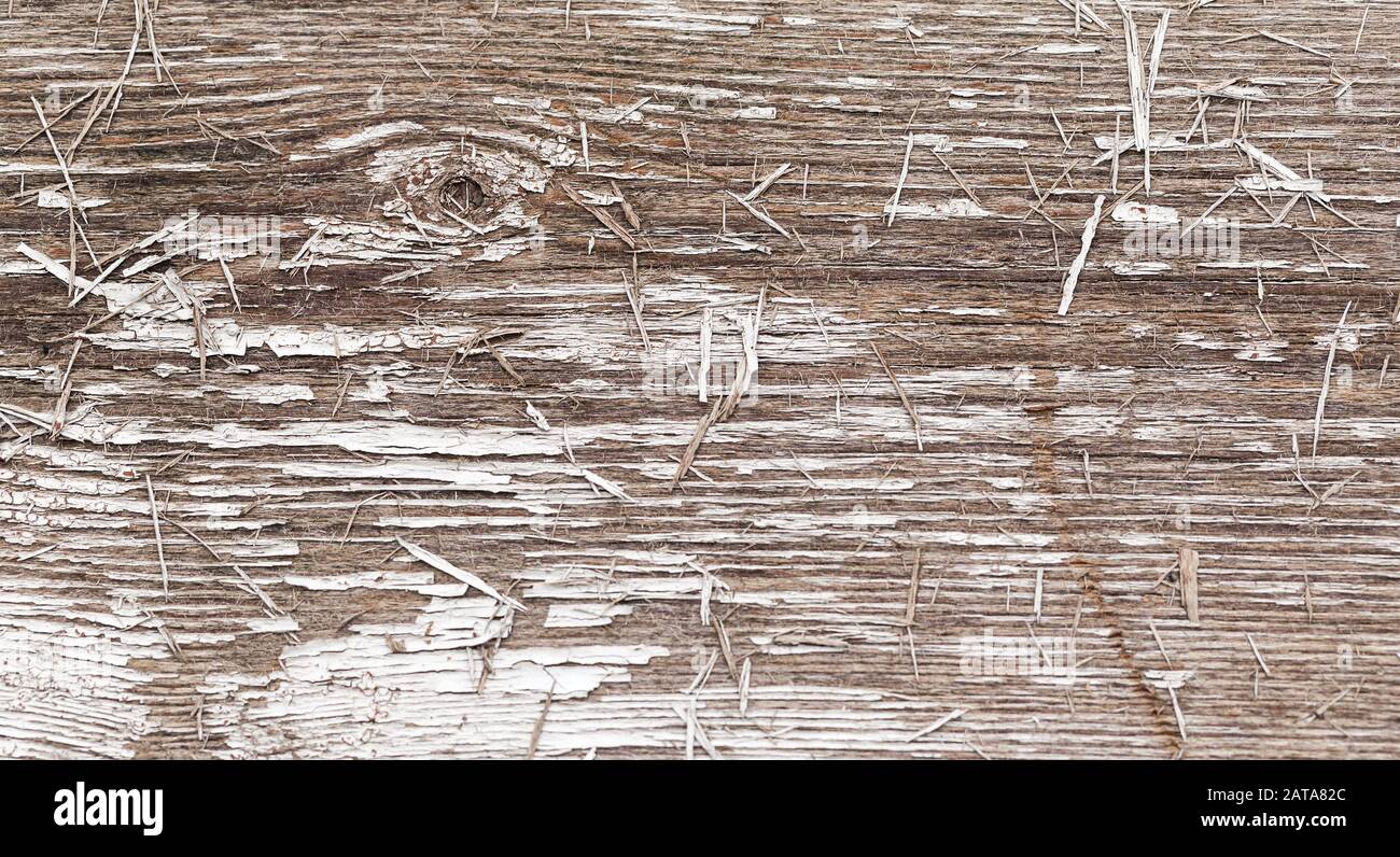 Raue Holzwand mit geschälter weißer Farbschicht, Nahaufnahme der Bildtextur im Hintergrund Stockfoto