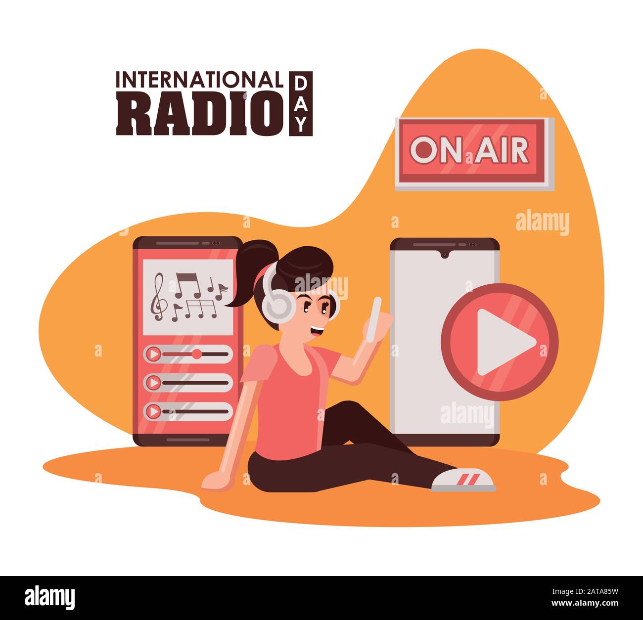 Internationales Radio Day Poster mit weiblicher Ansagerin Stock Vektor