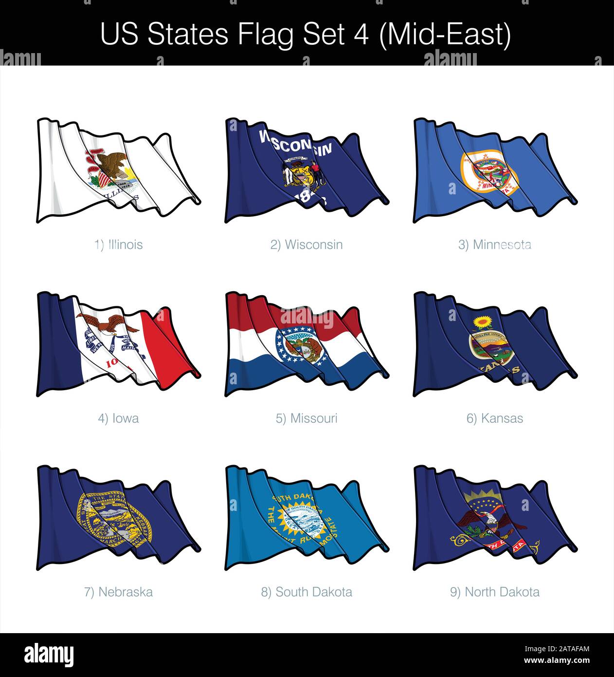 US Mid East States Flag Set. Das Set umfasst die schwenkenden Flaggen von Illinois, Wisconsin, Minnesota, Iowa, Missouri, Kansas, Nebraska, South n North Dako Stock Vektor
