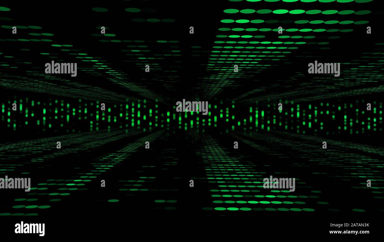 Opt Art 3d-Abbildung eines holografisch gepunkteten schwarzen und grünen Rechteck-Tunnels mit unendlicher Perspektive. Es sieht High-Tech und fröhlich aus Stockfoto