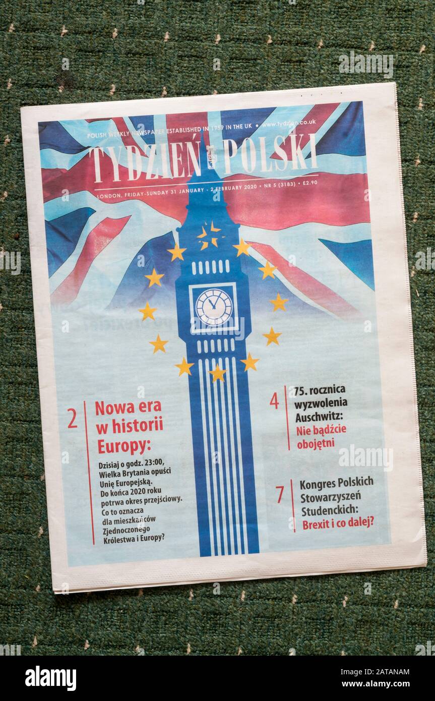 Die Titelseite der englischen polnischen Zeitung Tydzien Polski, am Tag, an dem Großbritannien die Europäische Union verlässt. Stockfoto